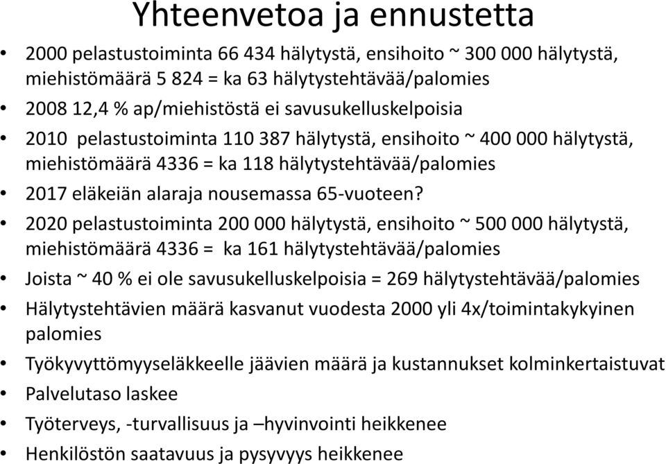 2020 pelastustoiminta 200 000 hälytystä, ensihoito ~ 500 000 hälytystä, miehistömäärä 4336 = ka 161 hälytystehtävää/palomies Joista ~ 40 % ei ole savusukelluskelpoisia = 269 hälytystehtävää/palomies