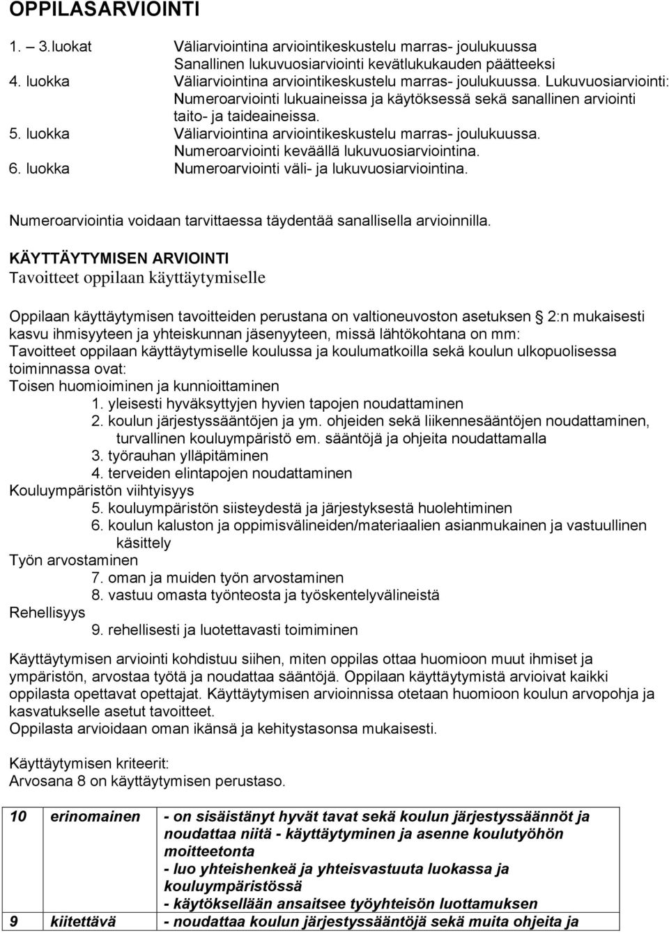 luokka Väliarviointina arviointikeskustelu marras- joulukuussa. Numeroarviointi keväällä lukuvuosiarviointina. 6. luokka Numeroarviointi väli- ja lukuvuosiarviointina.