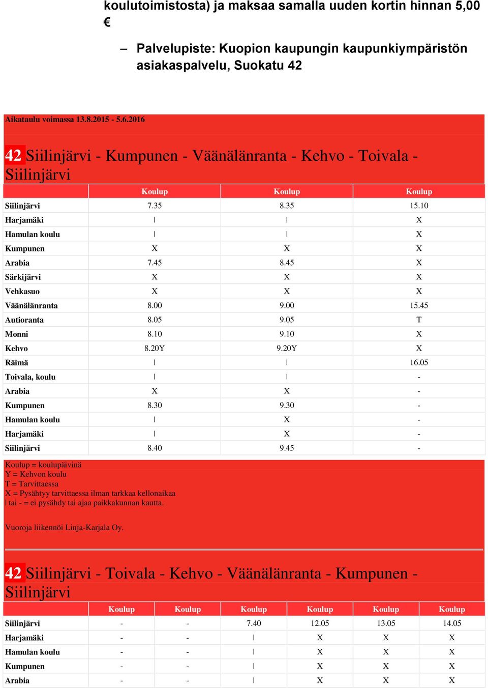 45 X Särkijärvi X X X Vehkasuo X X X Väänälänranta 8.00 9.00 15.45 Autioranta 8.05 9.05 T Monni 8.10 9.10 X Kehvo 8.20Y 9.20Y X Räimä 16.05 Toivala, koulu - Arabia X X - Kumpunen 8.30 9.