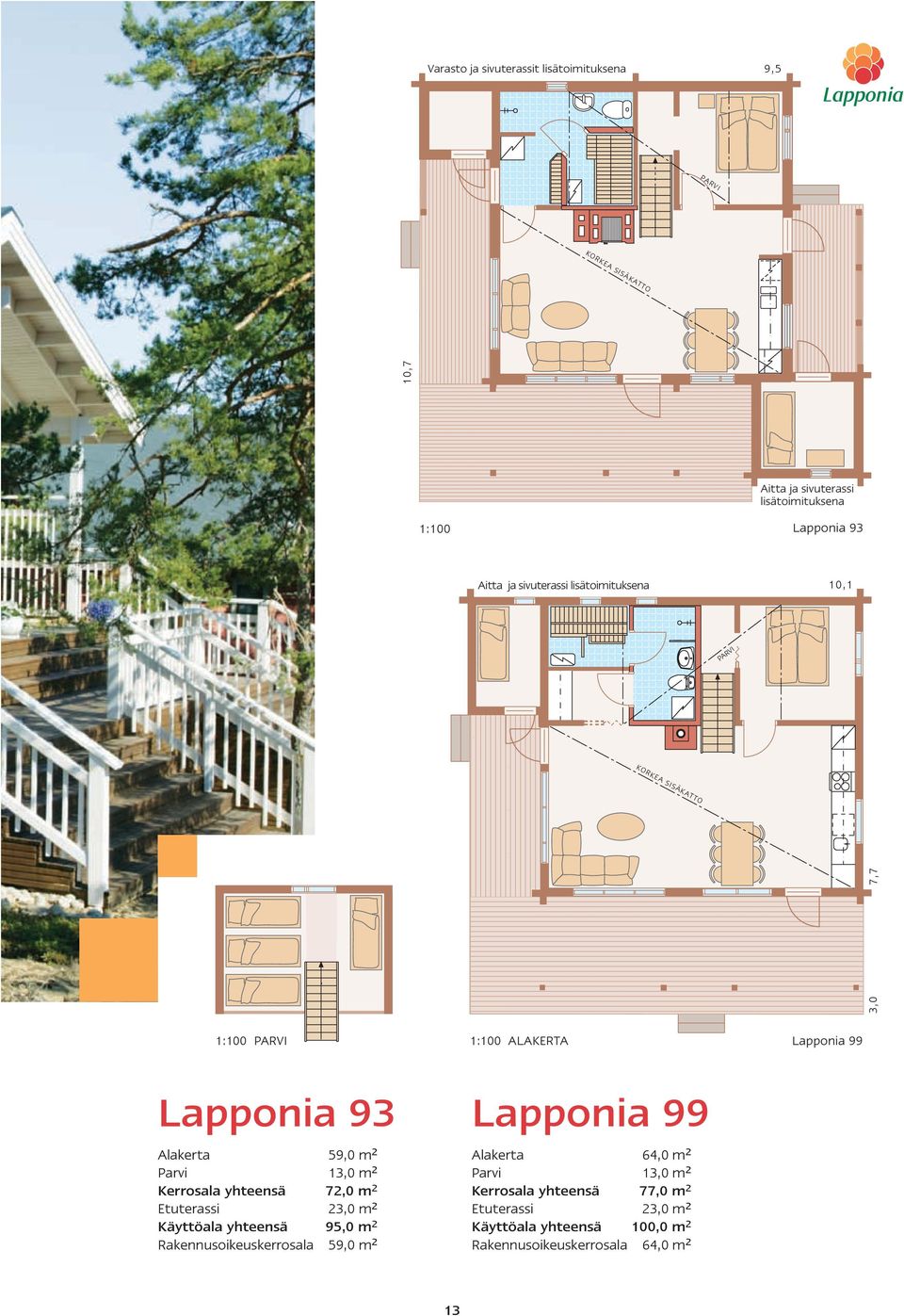 Parvi 13,0 m 2 Kerrosala yhteensä 72,0 m 2 Etuterassi 23,0 m 2 Käyttöala yhteensä 95,0 m 2 Rakennusoikeuskerrosala 59,0 m 2 Lapponia 99