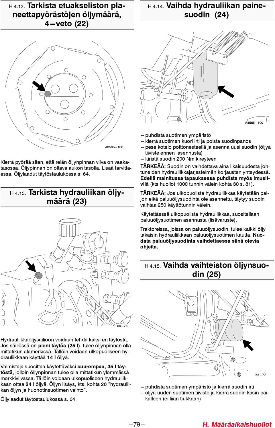 . Tarkista hydrauliikan öljymäärä () --- puhdista suotimen ympäristö --- kierrä suotimen kuori irti ja poista suodinpanos --- pese kotelo polttonesteellä ja asenna uusi suodin (öljyä tiiviste ennen