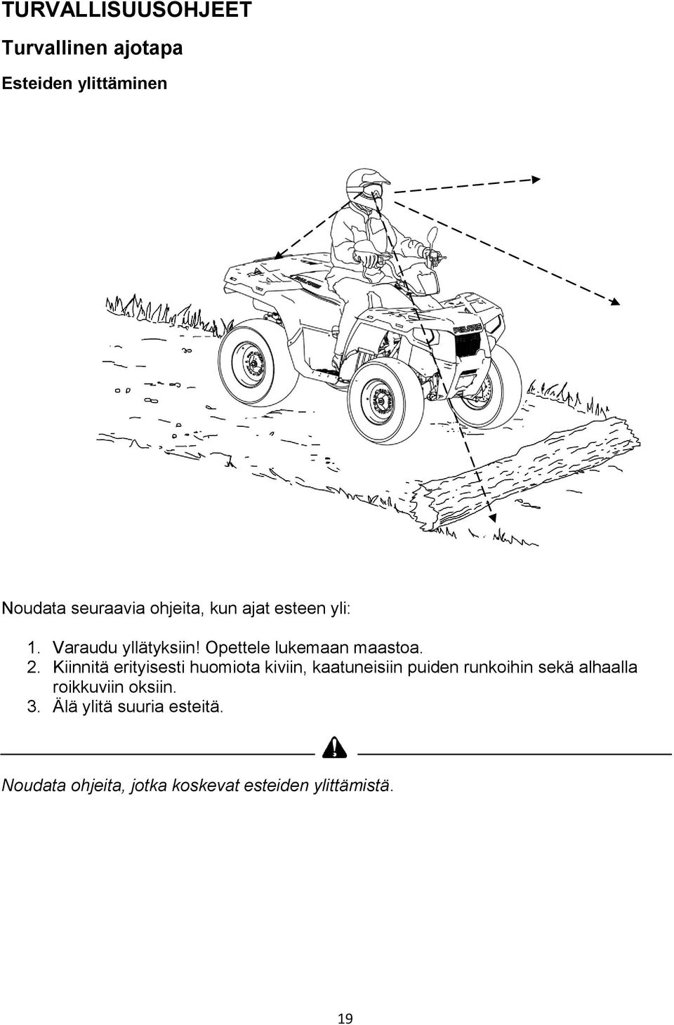 Kiinnitä erityisesti huomiota kiviin, kaatuneisiin puiden runkoihin sekä alhaalla