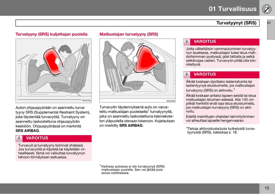 Jos turvavyötä ei käytetä tai käytetään virheellisesti, tämä voi vaikuttaa turvatyynyn tehoon törmäyksen sattuessa.