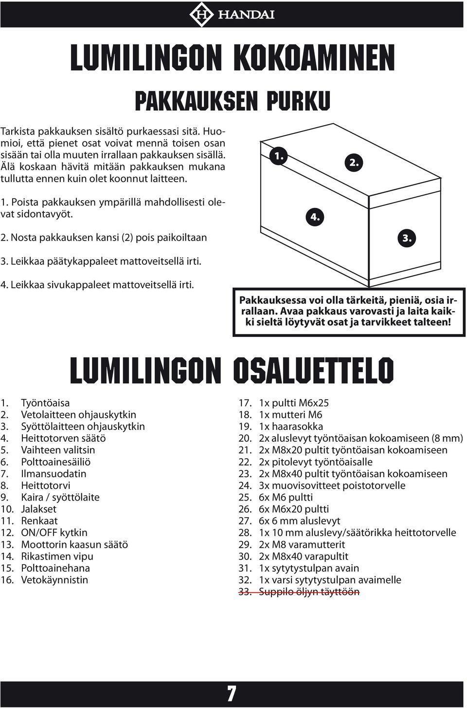 3. Leikkaa päätykappaleet mattoveitsellä irti. 4. Leikkaa sivukappaleet mattoveitsellä irti. Pakkauksessa voi olla tärkeitä, pieniä, osia irrallaan.