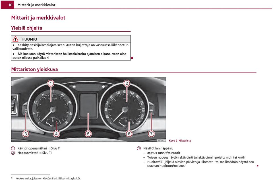 Mittariston yleiskuva Kuva 2 Mittaristo 1 2 Käyntinopeusmittari Sivu 11 Nopeusmittari Sivu 11 3 Näyttötilan näppäin: asetus tunnit/minuutit Toisen