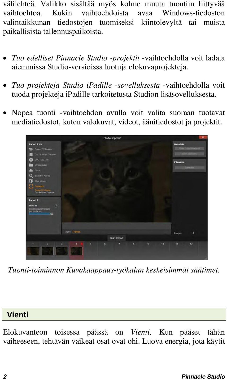 Tuo edelliset Pinnacle Studio -projektit -vaihtoehdolla voit ladata aiemmissa Studio-versioissa luotuja elokuvaprojekteja.