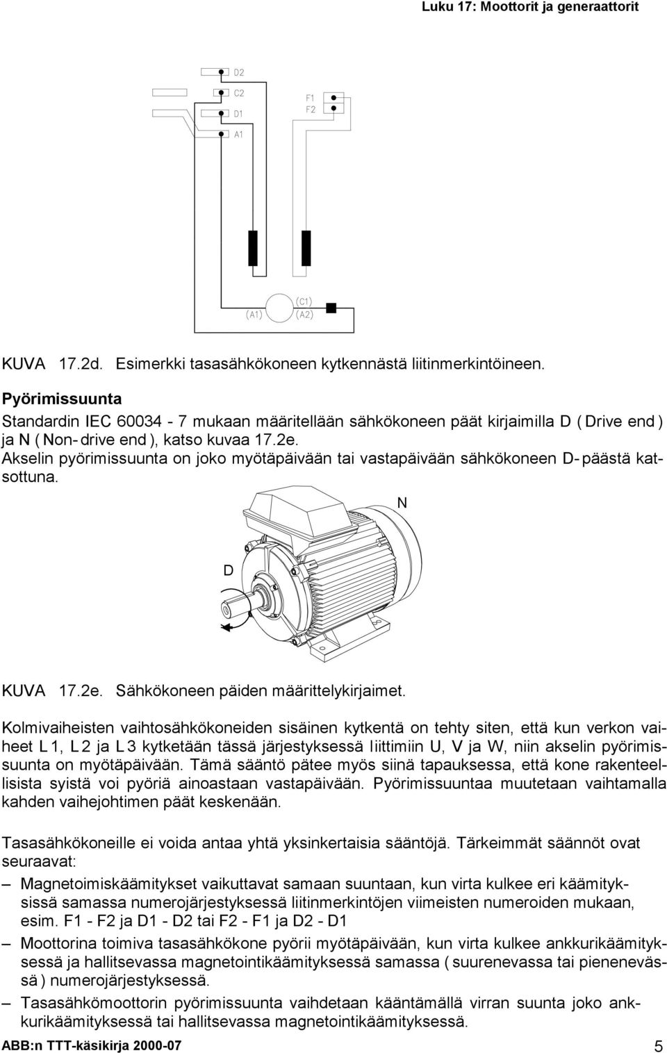 Akselin pyörimissuunta on joko myötäpäivään tai vastapäivään sähkökoneen D- päästä katsottuna. N D KUVA 17.2e. Sähkökoneen päiden määrittelykirjaimet.