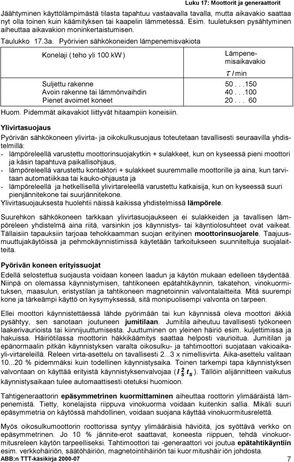 Pyörivien sähkökoneiden lämpenemisvakiota Konelaji ( teho yli 100 kw ) Suljettu rakenne Avoin rakenne tai lämmönvaihdin Pienet avoimet koneet Huom. Pidemmät aikavakiot liittyvät hitaampiin koneisiin.