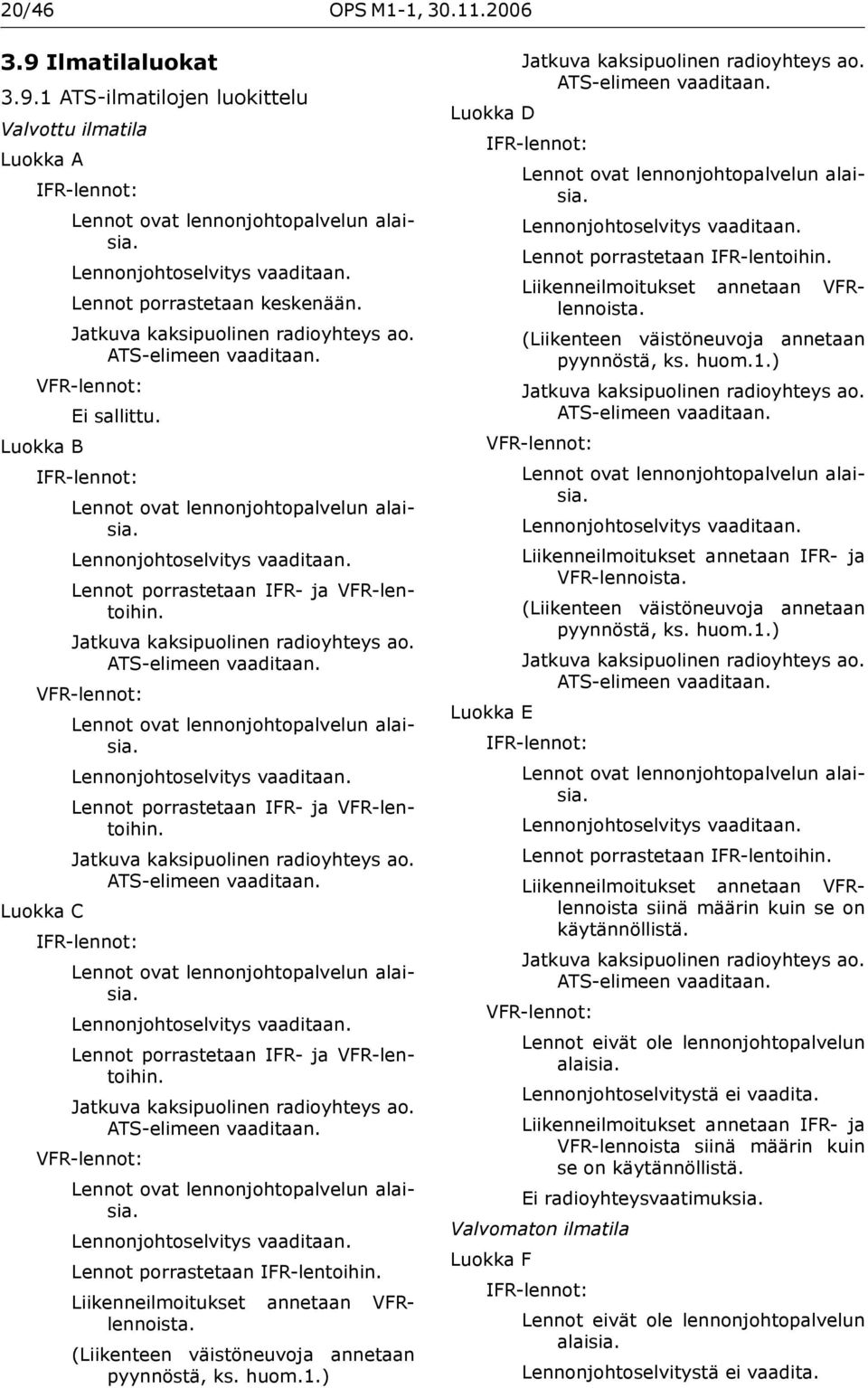 Lennonjohtoselvitys vaaditaan. Lennot porrastetaan IFR- ja VFR-lentoihin. Jatkuva kaksipuolinen radioyhteys ao. ATS-elimeen vaaditaan. VFR-lennot: Lennot ovat lennonjohtopalvelun alaisia.