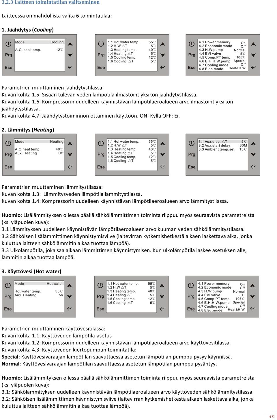 7: Jäähdytystoiminnon ottaminen käyttöön. ON: Kyllä OFF: Ei. 2. Lämmitys (Heating) Parametrien muuttaminen lämmitystilassa: Kuvan kohta 1.