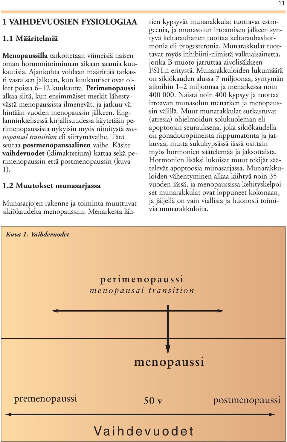 Perimenopaussi alkaa siitä, kun ensimmäiset merkit lähestyvästä menopaussista ilmenevät, ja jatkuu vähintään vuoden menopaussin jälkeen.