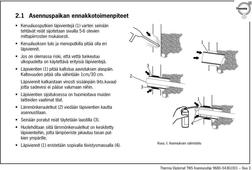 Läpivientien (1) pitää kallistua aavistuksen alaspäin. Kaltevuuden pitää olla vähintään 1cm/30 cm. Läpiviennit katkaistaan vinosti sisäänpäin (kts.kuvaa) jotta sadevesi ei pääse valumaan niihin.