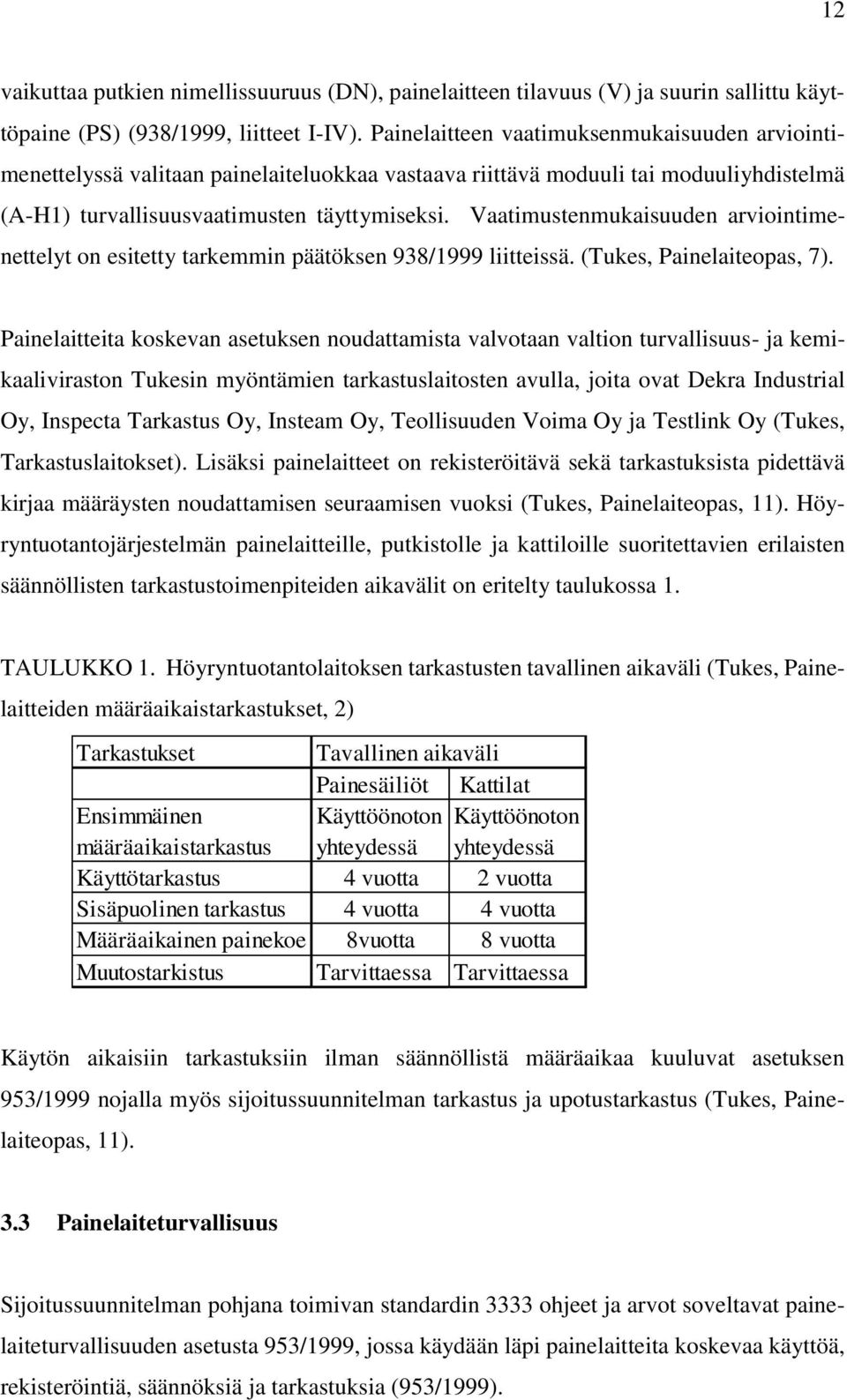 Vaatimustenmukaisuuden arviointimenettelyt on esitetty tarkemmin päätöksen 938/1999 liitteissä. (Tukes, Painelaiteopas, 7).