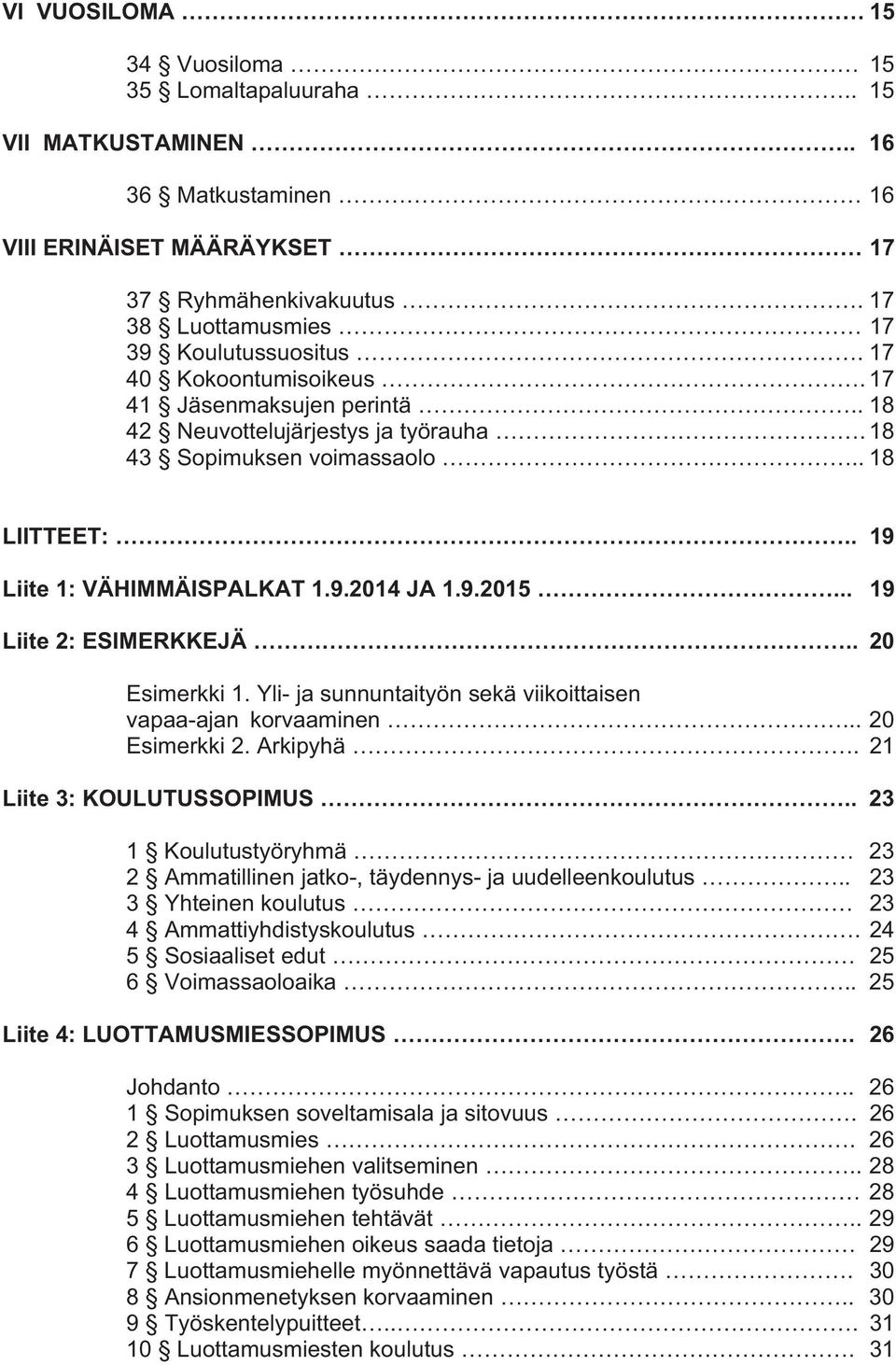 .. 19 Liite 2: ESIMERKKEJÄ.. 20 Esimerkki 1. Yli- ja sunnuntaityön sekä viikoittaisen vapaa-ajan korvaaminen... 20 Esimerkki 2. Arkipyhä. 21 Liite 3: KOULUTUSSOPIMUS.