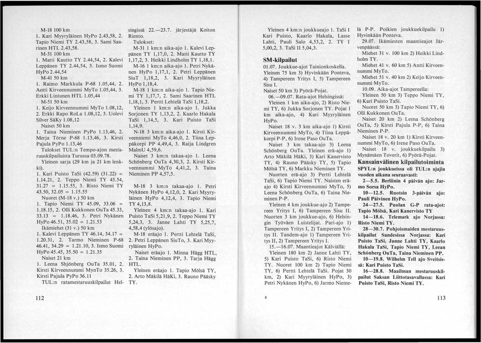 Uolevi Silver SäKy 1.08,12 Naiset 50 km 1. Taina Nieminen PyPo 1.13,46, 2. Merja Töme P-68 1.13,46, 3. Kirsti Pajula PyPo 1.13,46 Tulokset TUL:n Tempo-ajon mes(aruuskilpailuista Turussa 03.09.78.