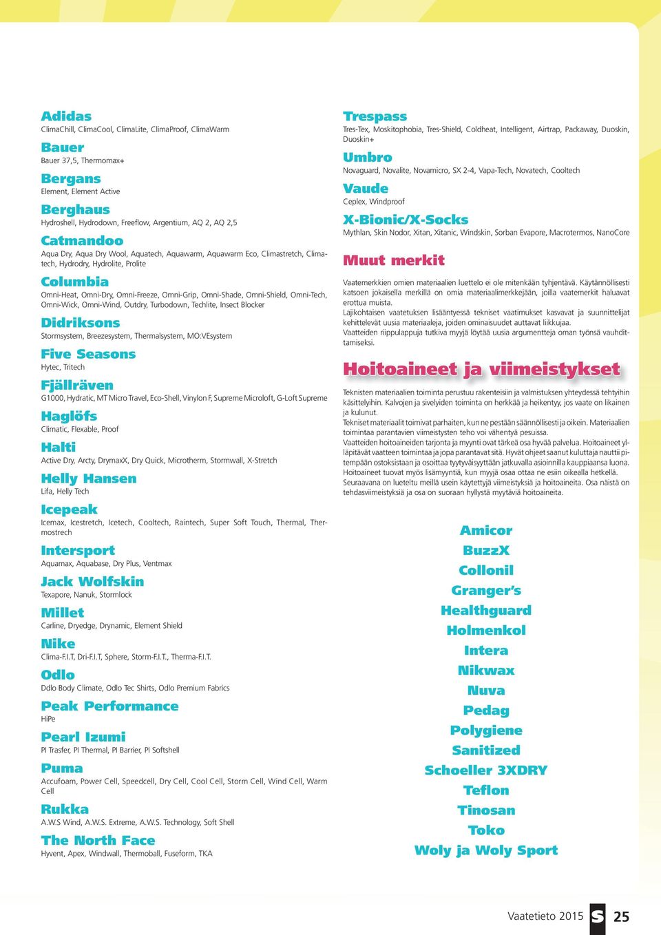 Omni-Tech, Omni-Wick, Omni-Wind, Outdry, Turbodown, Techlite, Insect Blocker Didriksons Stormsystem, Breezesystem, Thermalsystem, MO:VEsystem Five Seasons Hytec, Tritech Fjällräven G1000, Hydratic,