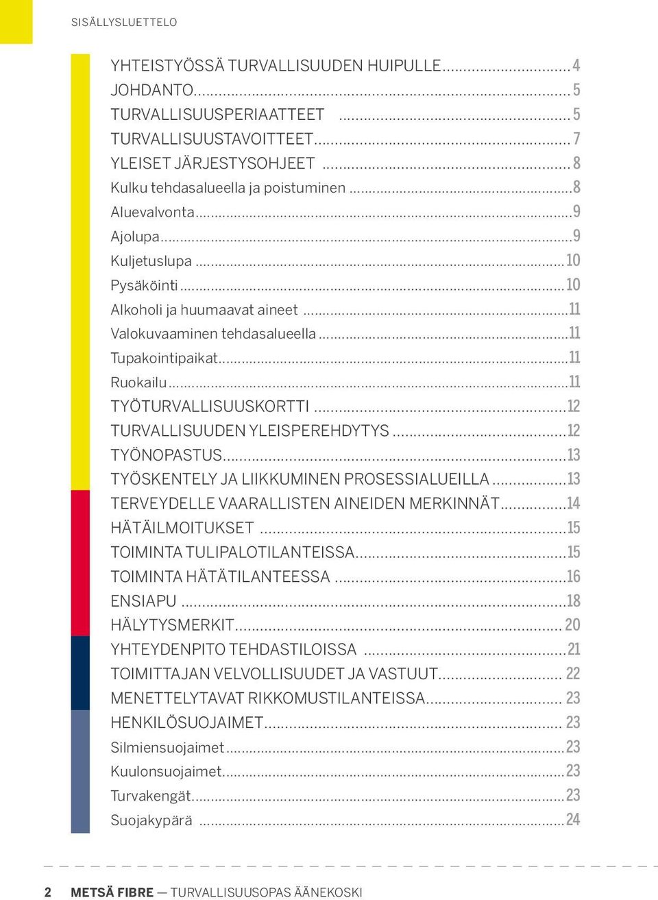 ..12 TURVALLISUUDEN YLEISPEREHDYTYS...12 TYÖNOPASTUS...13 TYÖSKENTELY JA LIIKKUMINEN PROSESSIALUEILLA...13 TERVEYDELLE VAARALLISTEN AINEIDEN MERKINNÄT...14 HÄTÄILMOITUKSET.