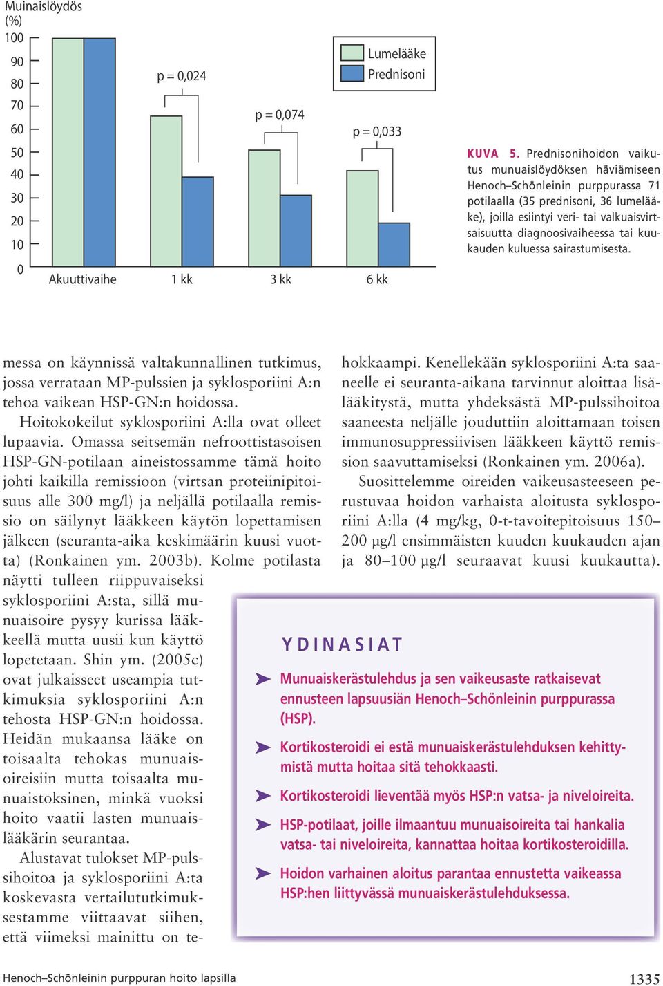 tai kuukauden kuluessa sairastumisesta. messa on käynnissä valtakunnallinen tutkimus, jossa verrataan MP pulssien ja syklosporiini A:n tehoa vaikean HSP GN:n hoidossa.