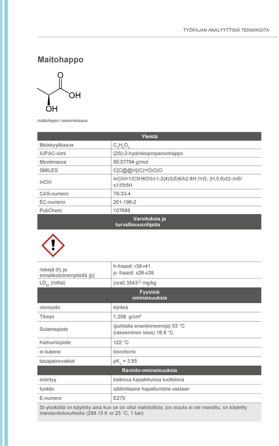 Sulamispiste h-fraasit: r38-r41 p- fraasit: s26-s39 (oral) 3543 [1] mg/kg kiinteä 1.209 g/cm³ Fyysisiä ominaisuuksia (puhtaita enantiomeereja) 53 C (raseeminen seos) 16.