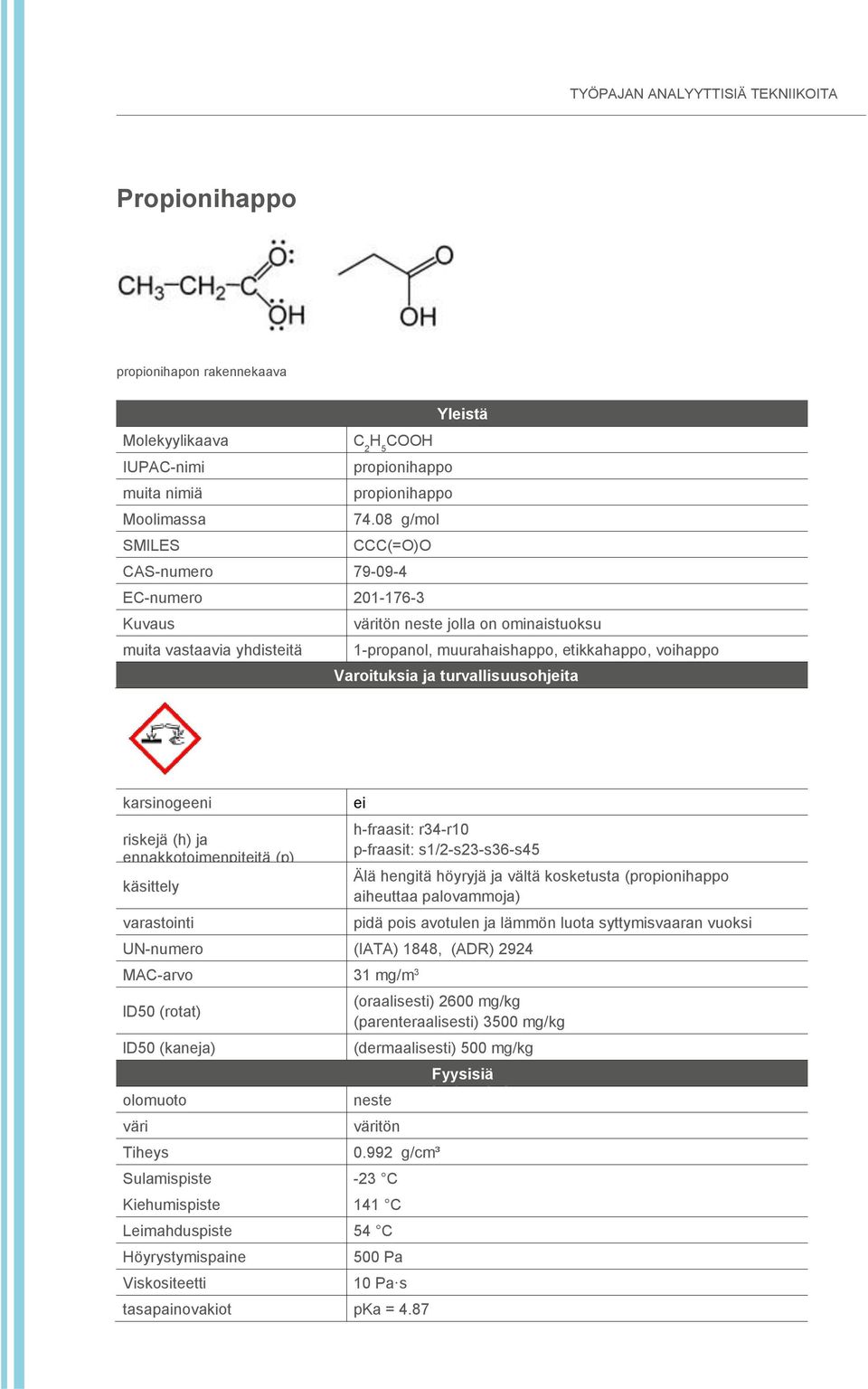 turvallisuusohjeita karsinogeeni riskejä (h) ja ennakkotoimenpiteitä (p) käsittely varastointi ei h-fraasit: r34-r10 p-fraasit: s1/2-s23-s36-s45 UN-numero (IATA) 1848, (ADR) 2924 MAC-arvo 31 mg/m 3