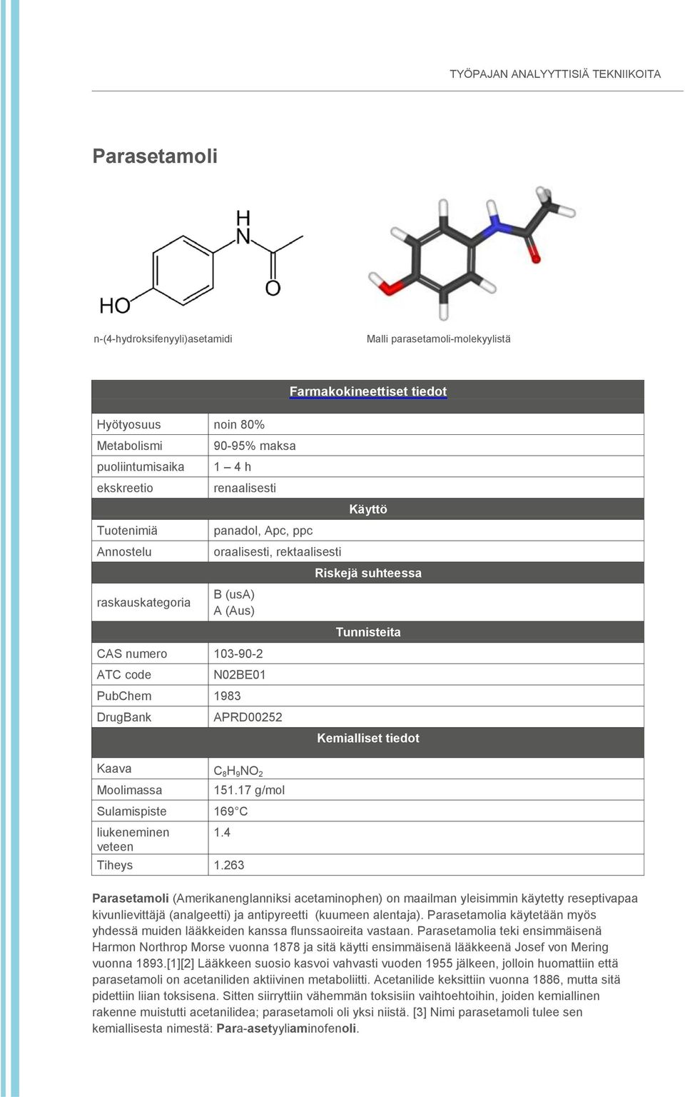 Kemialliset tiedot Kaava C 8 H 9 NO 2 Sulamispiste 169 C liukeneminen veteen 151.17 g/mol 1.4 Tiheys 1.