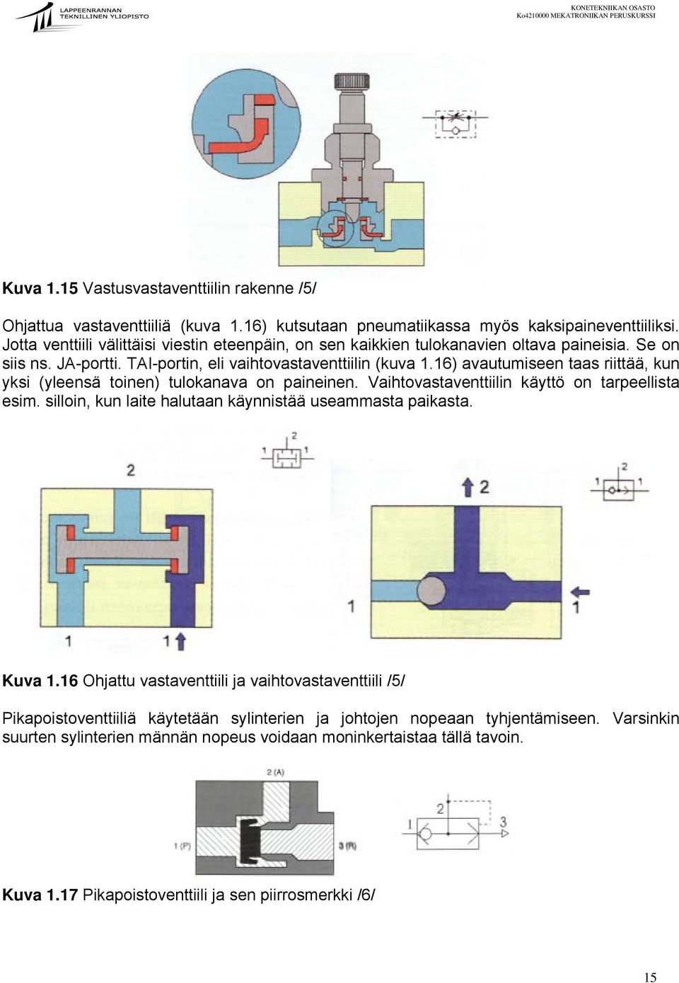 6) avautumiseen taas riittää, kun yksi (yleensä toinen) tulokanava on paineinen. Vaihtovastaventtiilin käyttö on tarpeellista esim.