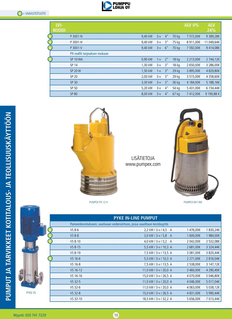 3-v 3" 36 kg 4 184,00 5 188,16 SP 50 5,20 kw 3-v 4" 54 kg 5 431,00 6 734,44 SP 80 8,00 kw 3-v 4" 67 kg 7 412,00 9 190,88 PUMPUT JA TARVIKKEET KOTITALOUS- JA TEOLLISUUSKÄYTTÖÖN PYKE VS PUMPEX PX 12 H