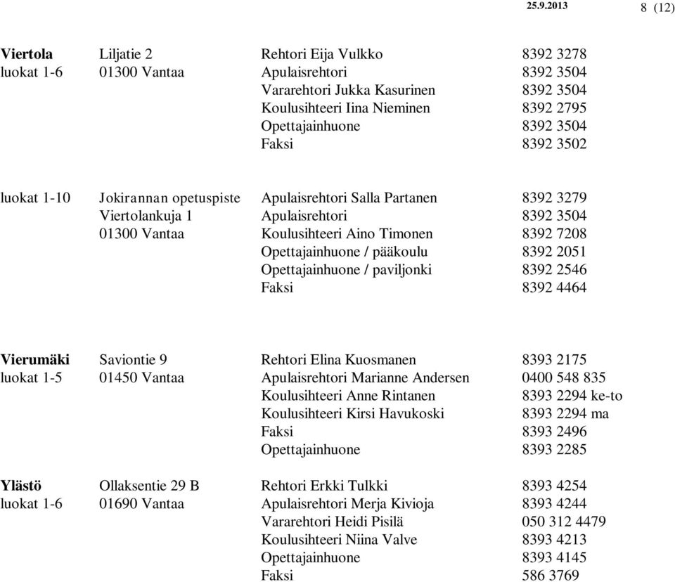 8392 7208 Opettajainhuone / pääkoulu 8392 2051 Opettajainhuone / paviljonki 8392 2546 Faksi 8392 4464 Vierumäki Saviontie 9 Rehtori Elina Kuosmanen 8393 2175 luokat 1-5 01450 Vantaa Apulaisrehtori