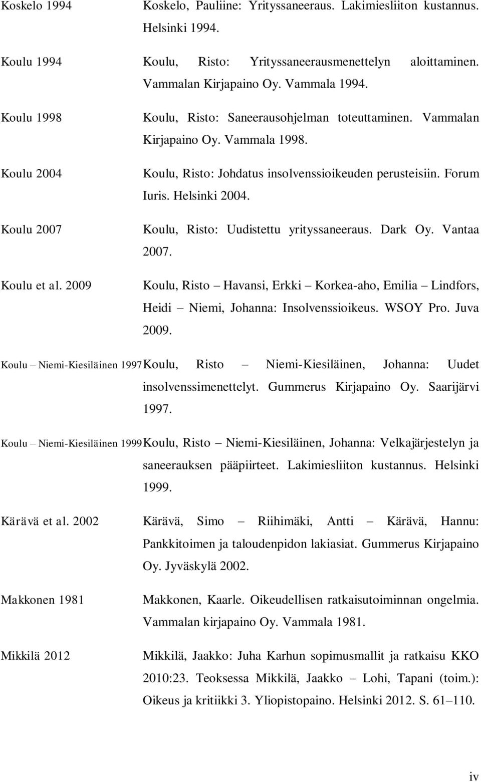 Forum Iuris. Helsinki 2004. Koulu, Risto: Uudistettu yrityssaneeraus. Dark Oy. Vantaa 2007. Koulu, Risto Havansi, Erkki Korkea-aho, Emilia Lindfors, Heidi Niemi, Johanna: Insolvenssioikeus. WSOY Pro.