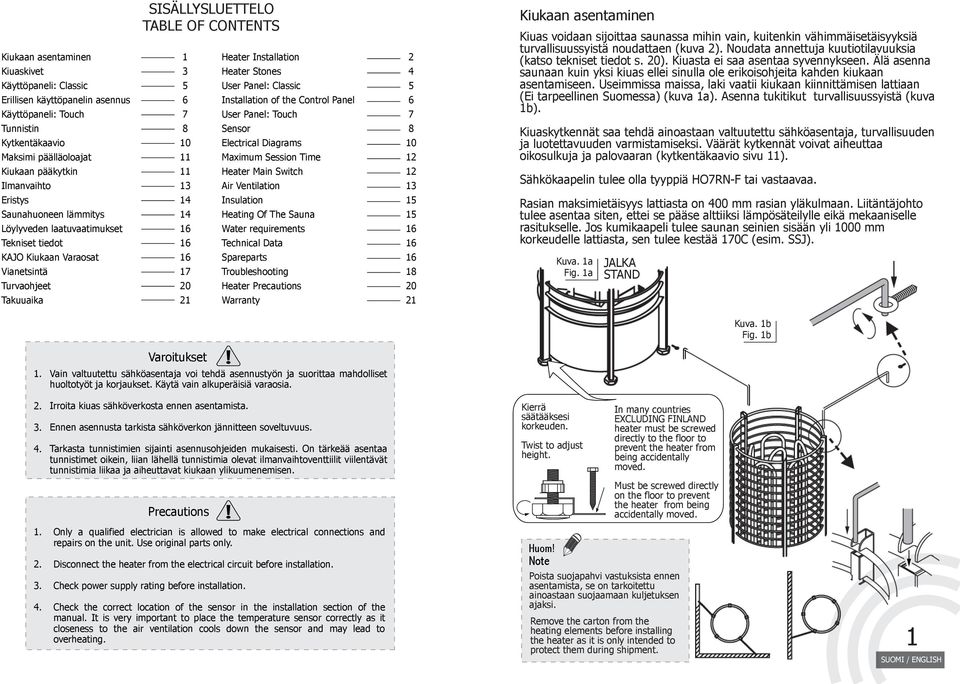 User Panel: Classic 6 Installation of the Control Panel 7 User Panel: Touch 8 Sensor 10 Electrical Diagrams 11 Maximum Session Time 11 Heater Main Switch 13 Air Ventilation 14 Insulation 14 Heating