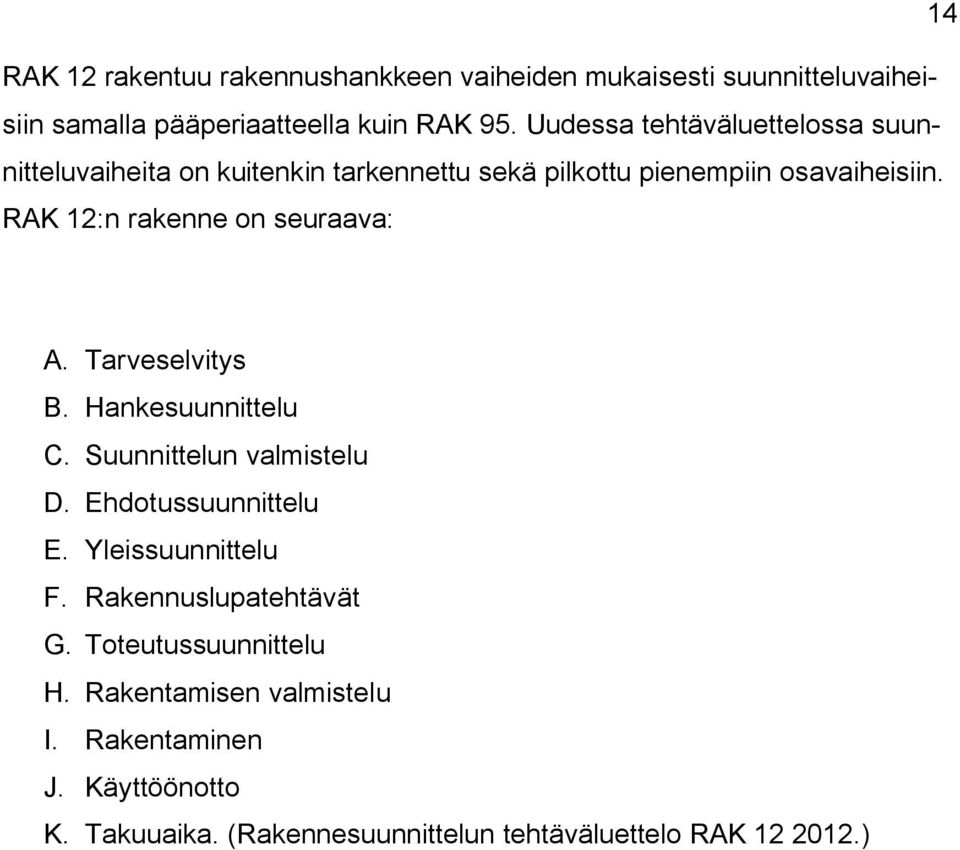 RAK 12:n rakenne on seuraava: A. Tarveselvitys B. Hankesuunnittelu C. Suunnittelun valmistelu D. Ehdotussuunnittelu E.