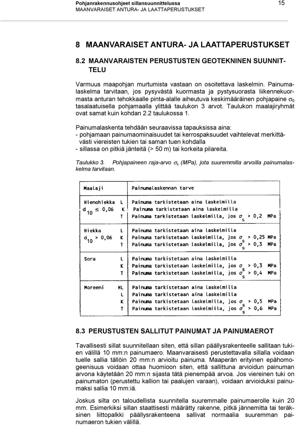 Painumalaskelma tarvitaan, jos pysyvästä kuormasta ja pystysuorasta liikennekuormasta anturan tehokkaalle pinta-alalle aiheutuva keskimääräinen pohjapaine σ 0 tasalaatuisella pohjamaalla ylittää