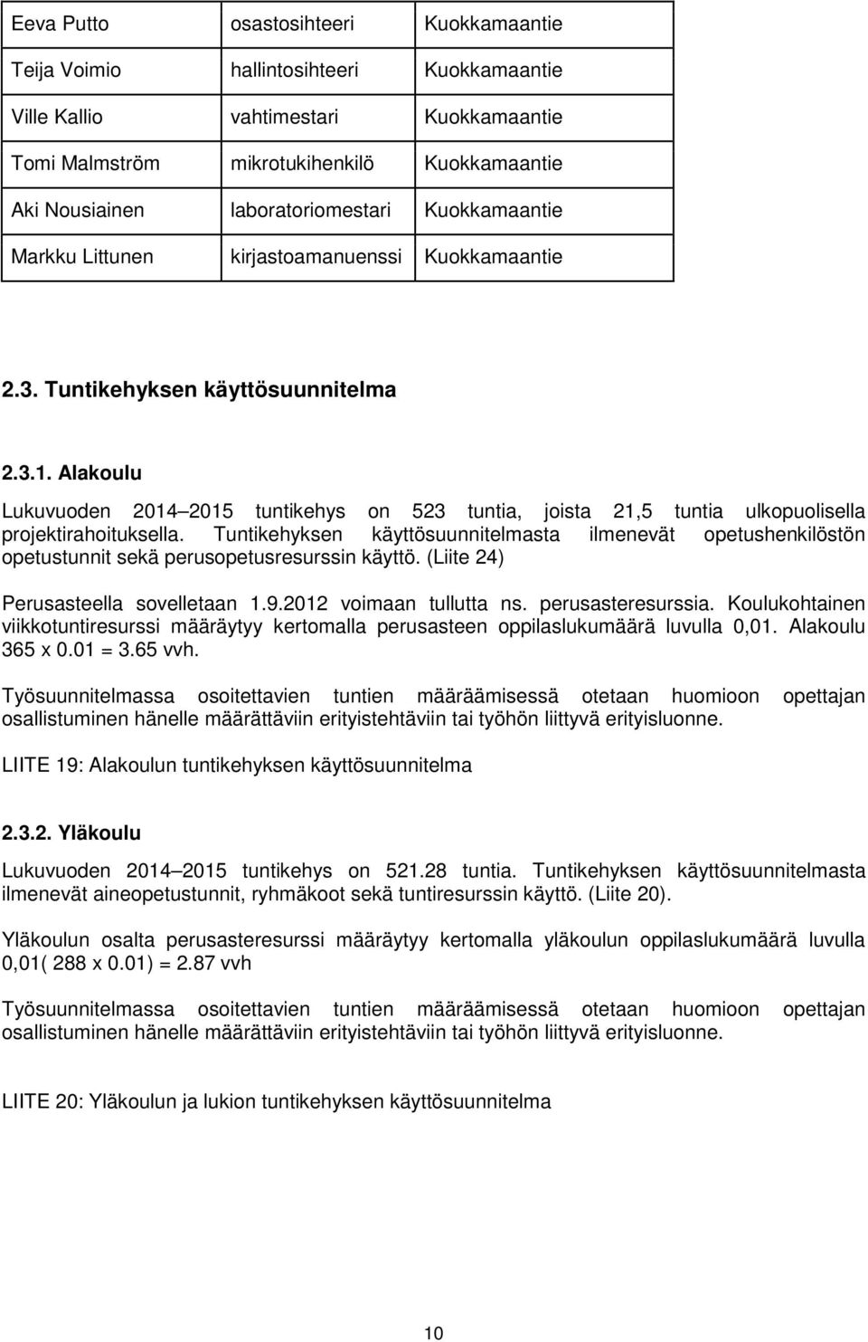 Alakoulu Lukuvuoden 2014 2015 tuntikehys on 523 tuntia, joista 21,5 tuntia ulkopuolisella projektirahoituksella.