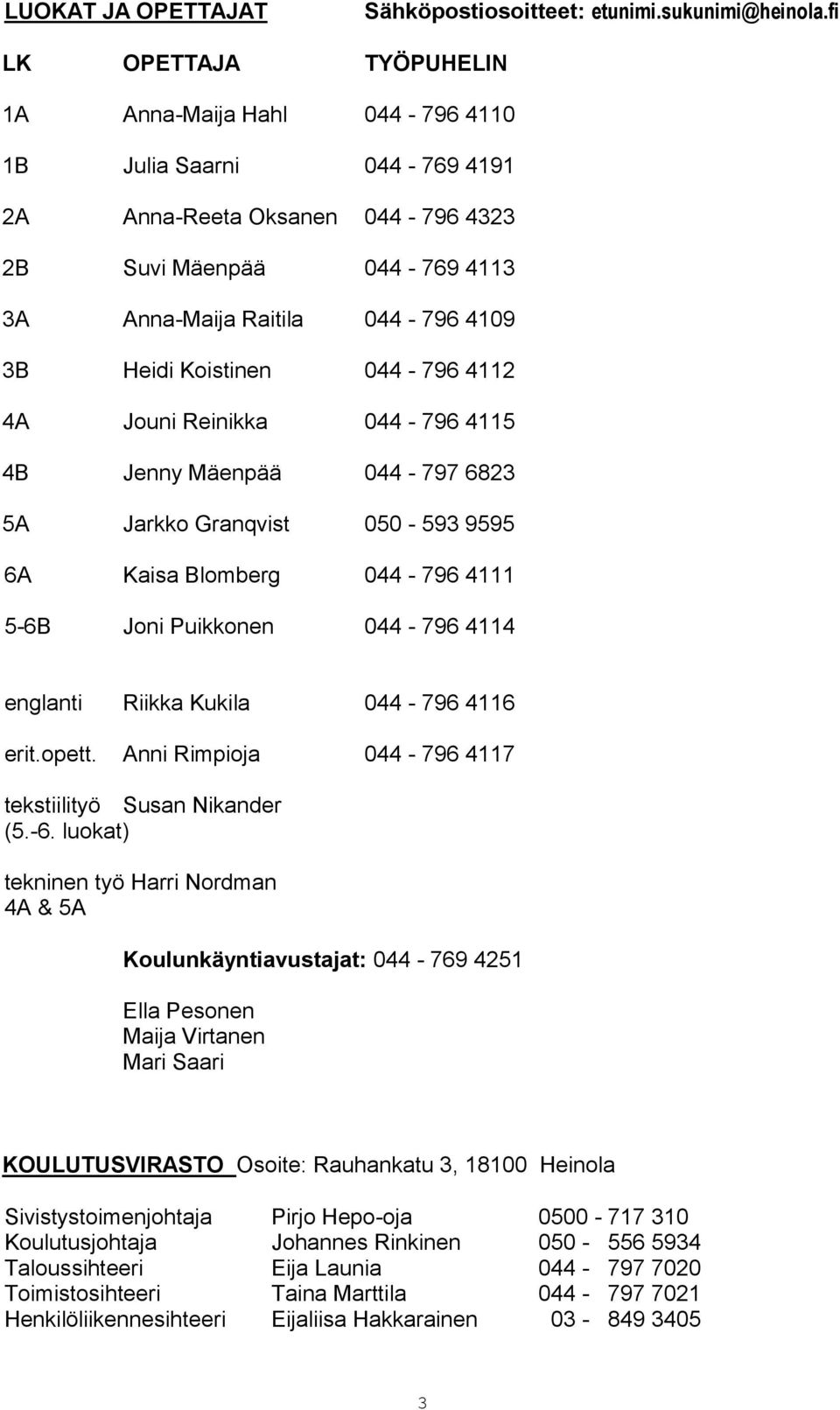 Koistinen 044-796 4112 4A Jouni Reinikka 044-796 4115 4B Jenny Mäenpää 044-797 6823 5A Jarkko Granqvist 050-593 9595 6A Kaisa Blomberg 044-796 4111 5-6B Joni Puikkonen 044-796 4114 englanti Riikka