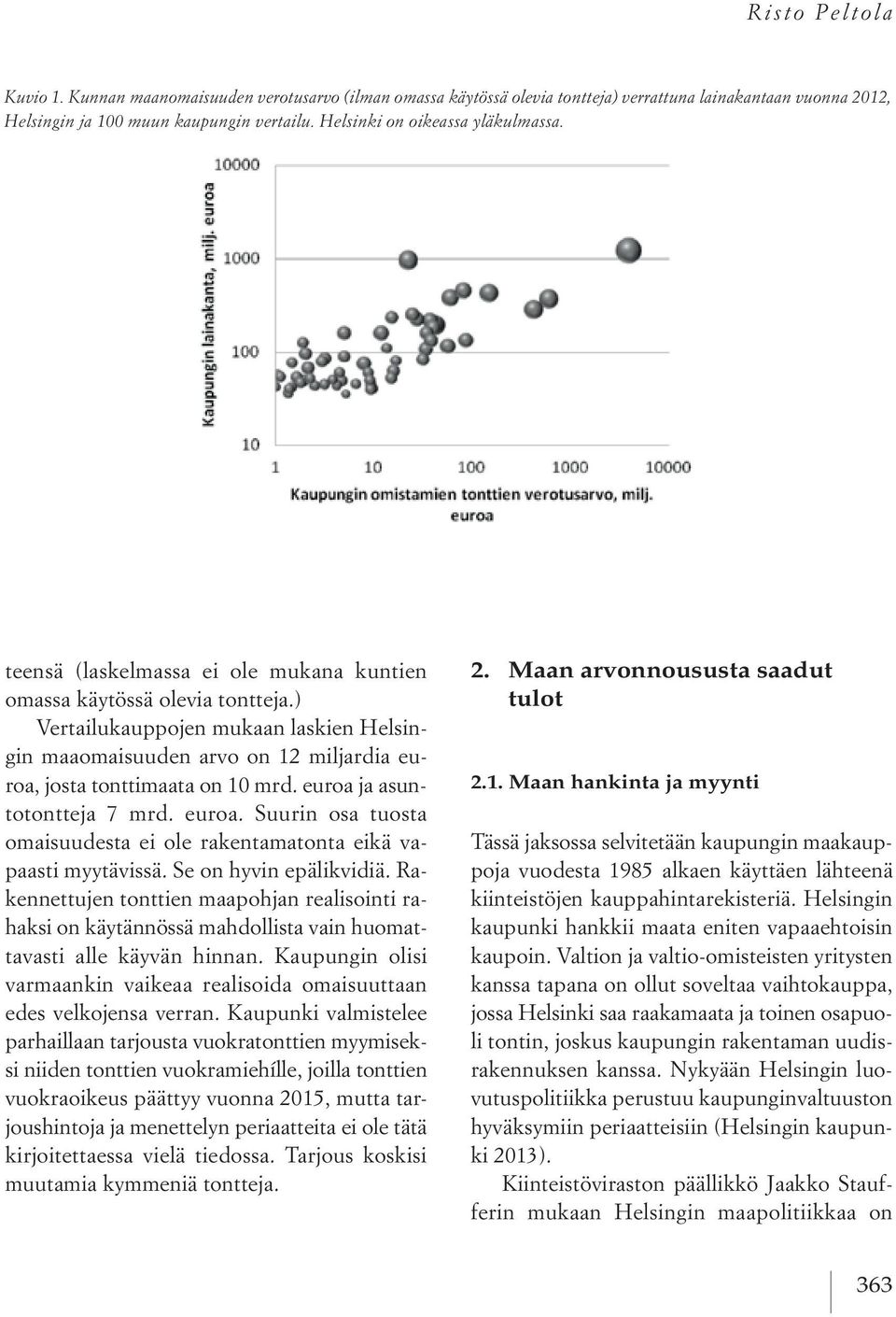 teensä (laskelmassa ei ole mukana kuntien omassa käytössä olevia tontteja.) Vertailukauppojen mukaan laskien Helsingin maaomaisuuden arvo on 12 miljardia euroa, josta tonttimaata on 10 mrd.