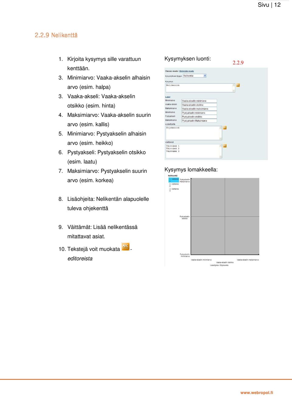 Minimiarvo: Pystyakselin alhaisin arvo (esim. heikko) 6. Pystyakseli: Pystyakselin otsikko (esim. laatu) 7.