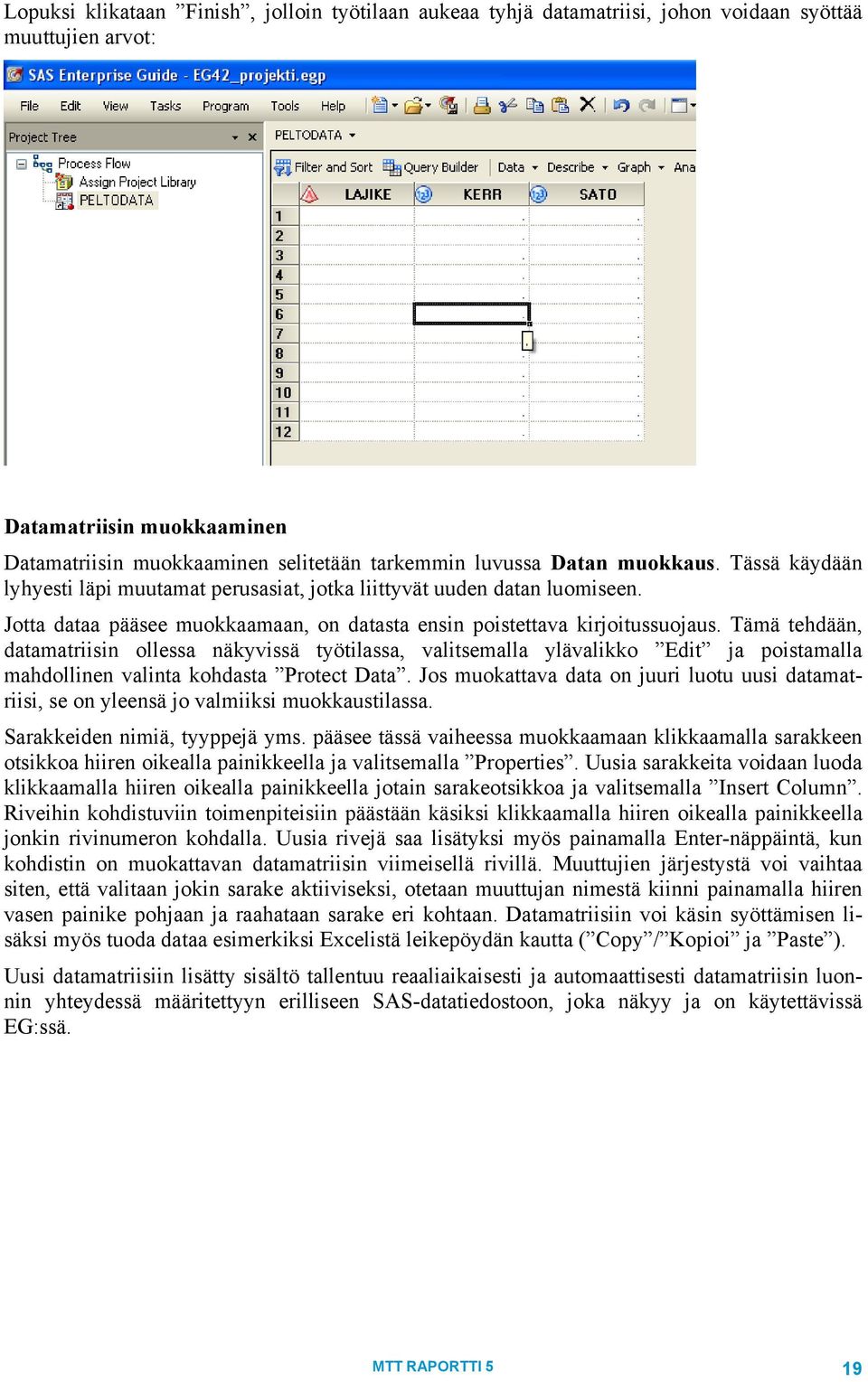 Tämä tehdään, datamatriisin ollessa näkyvissä työtilassa, valitsemalla ylävalikko Edit ja poistamalla mahdollinen valinta kohdasta Protect Data.