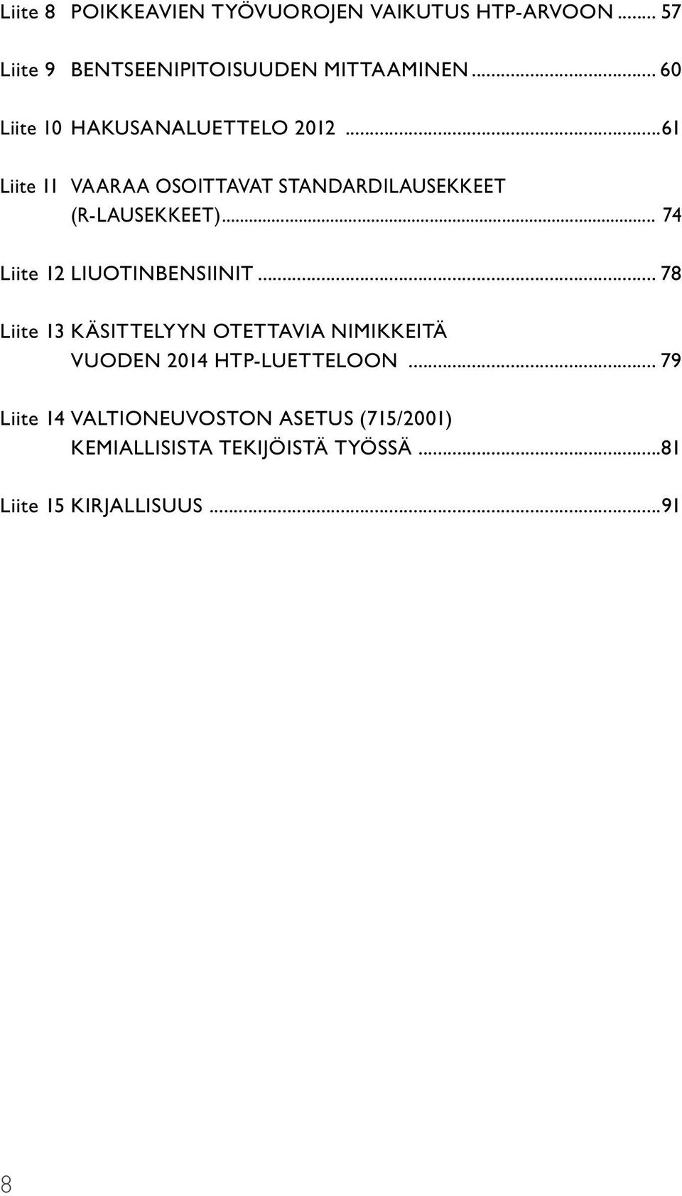 .. 74 Liite 12 LIuoTINBenSIINIT... 78 Liite 13 KÄSITTelYYN OTETTavIA NIMIKKEITÄ vuoden 2014 HTP-lueTTeloon.