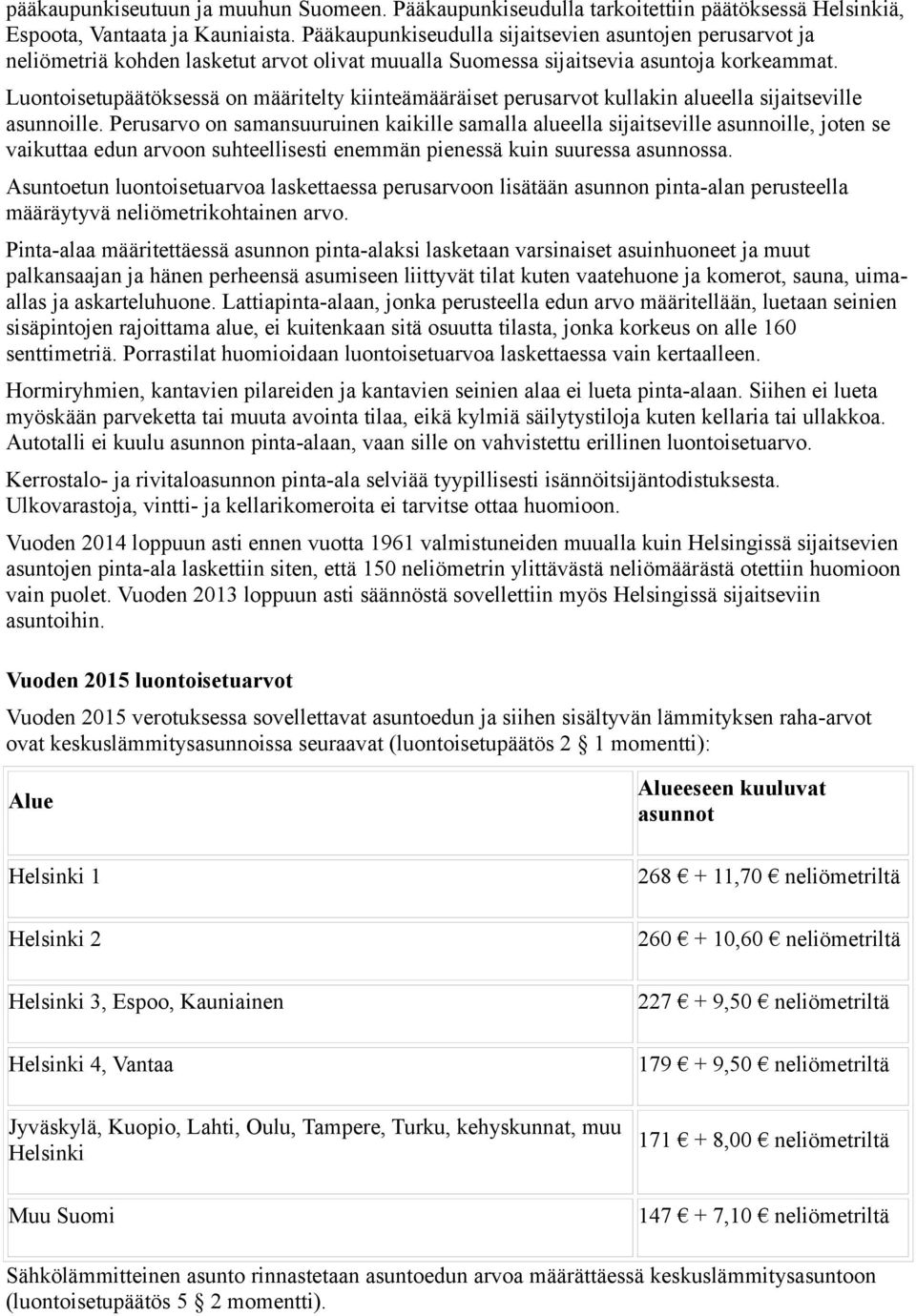 Luontoisetupäätöksessä on määritelty kiinteämääräiset perusarvot kullakin alueella sijaitseville asunnoille.