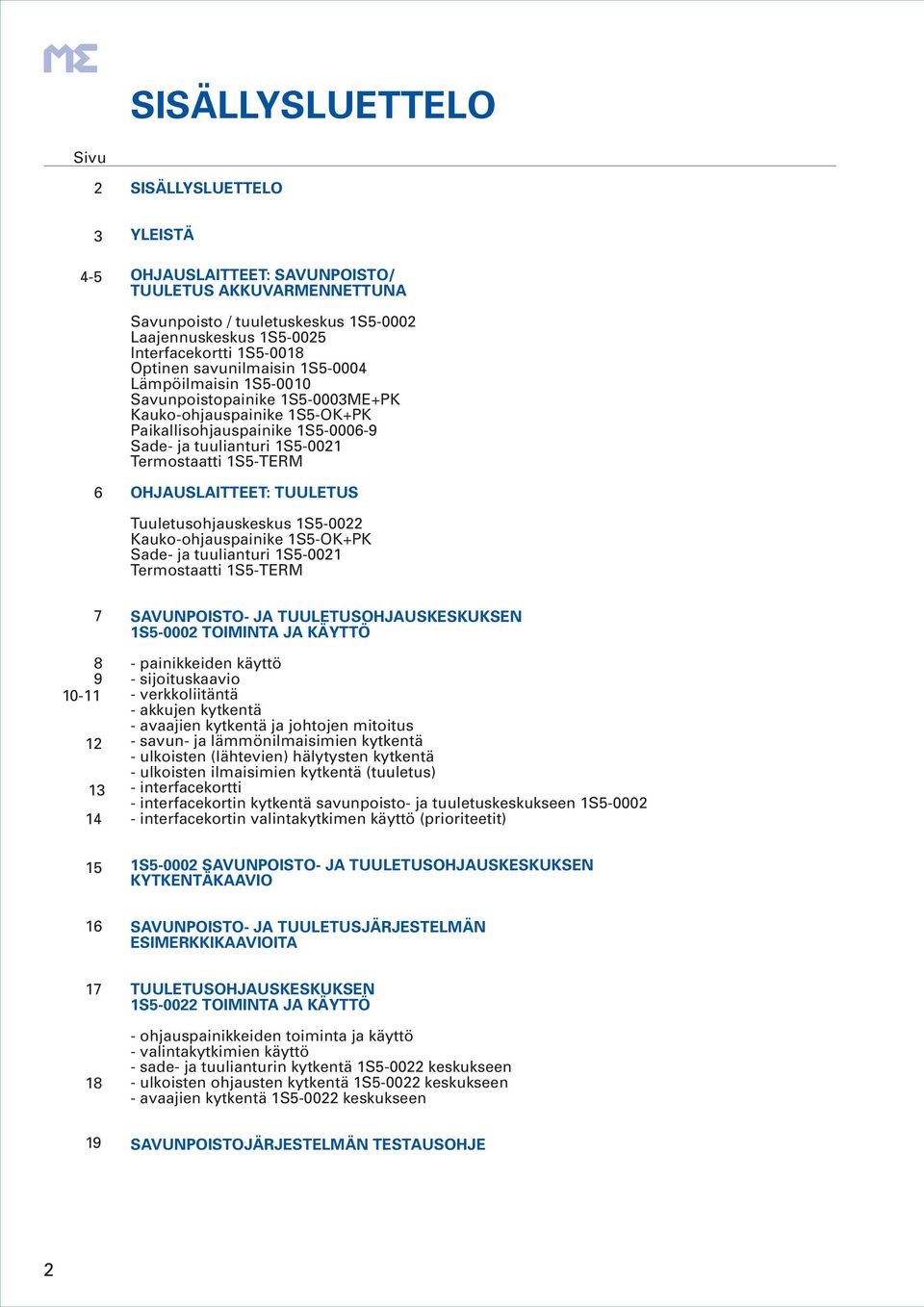 OHJAUSLAITTEET: TUULETUS Tuuletusohjauskeskus S5-00 Kauko-ohjauspainike S5-OK+PK Sade- ja tuulianturi S5-00 Termostaatti S5-TERM 7 8 9 0-4 SAVUNPOISTO- JA TUULETUSOHJAUSKESKUKSEN S5-000 TOIMINTA JA