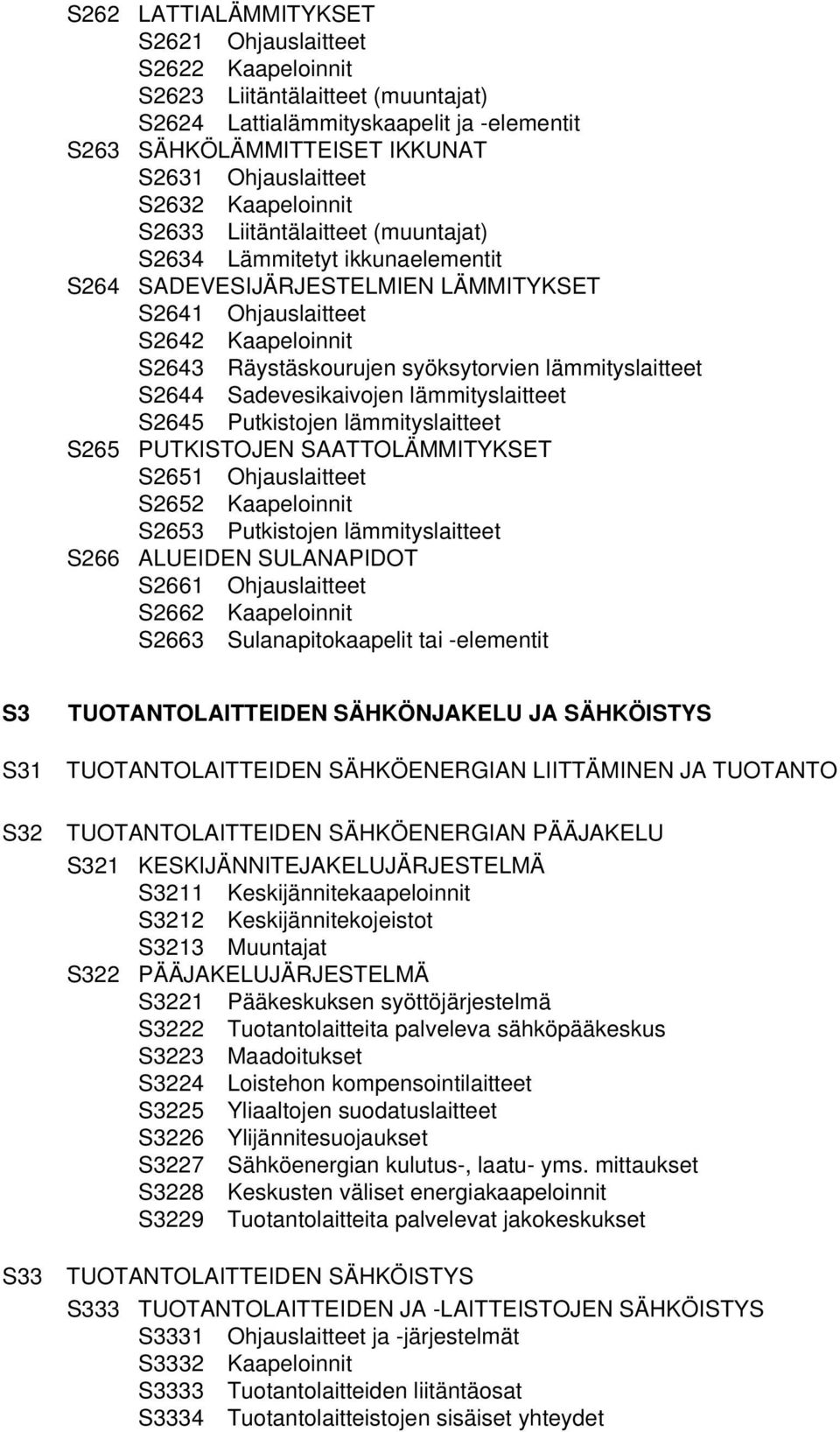 lämmityslaitteet S2644 Sadevesikaivojen lämmityslaitteet S2645 Putkistojen lämmityslaitteet S265 PUTKISTOJEN SAATTOLÄMMITYKSET S2651 Ohjauslaitteet S2652 Kaapeloinnit S2653 Putkistojen