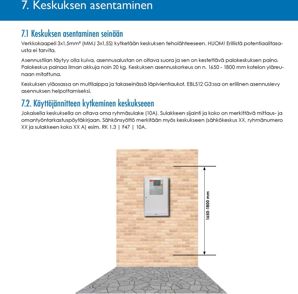 1650-1800 mm kotelon yläreunaan mitattuna. Keskuksen yläosassa on multilaippa ja takaseinässä läpivientiaukot. EBL512 