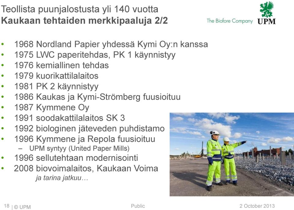 Kymi-Strömberg fuusioituu 1987 Kymmene Oy 1991 soodakattilalaitos SK 3 1992 biologinen jäteveden puhdistamo 1996 Kymmene ja