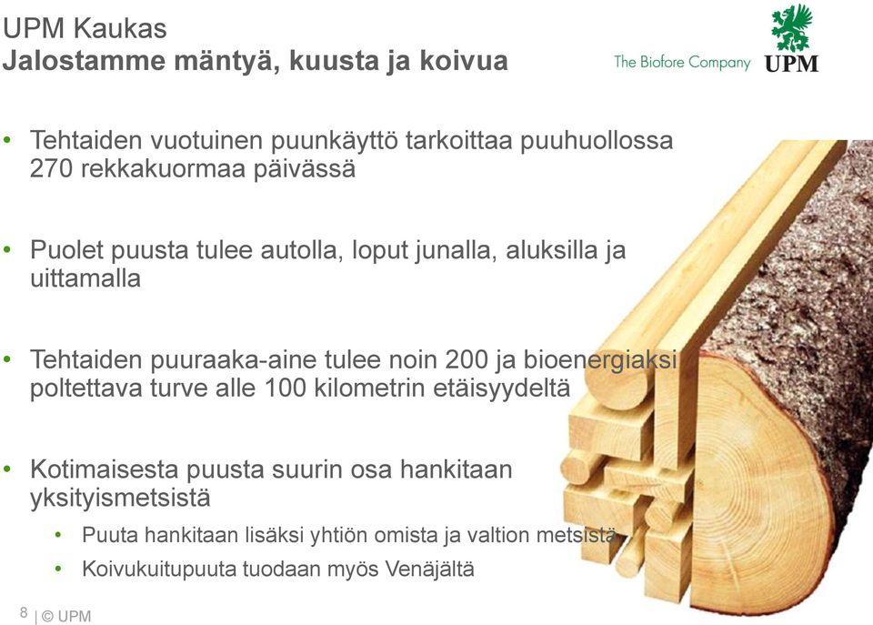 tulee noin 200 ja bioenergiaksi poltettava turve alle 100 kilometrin etäisyydeltä Kotimaisesta puusta suurin osa