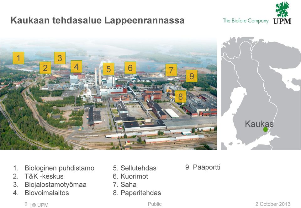 Biojalostamotyömaa 4. Biovoimalaitos 5. Sellutehdas 6.