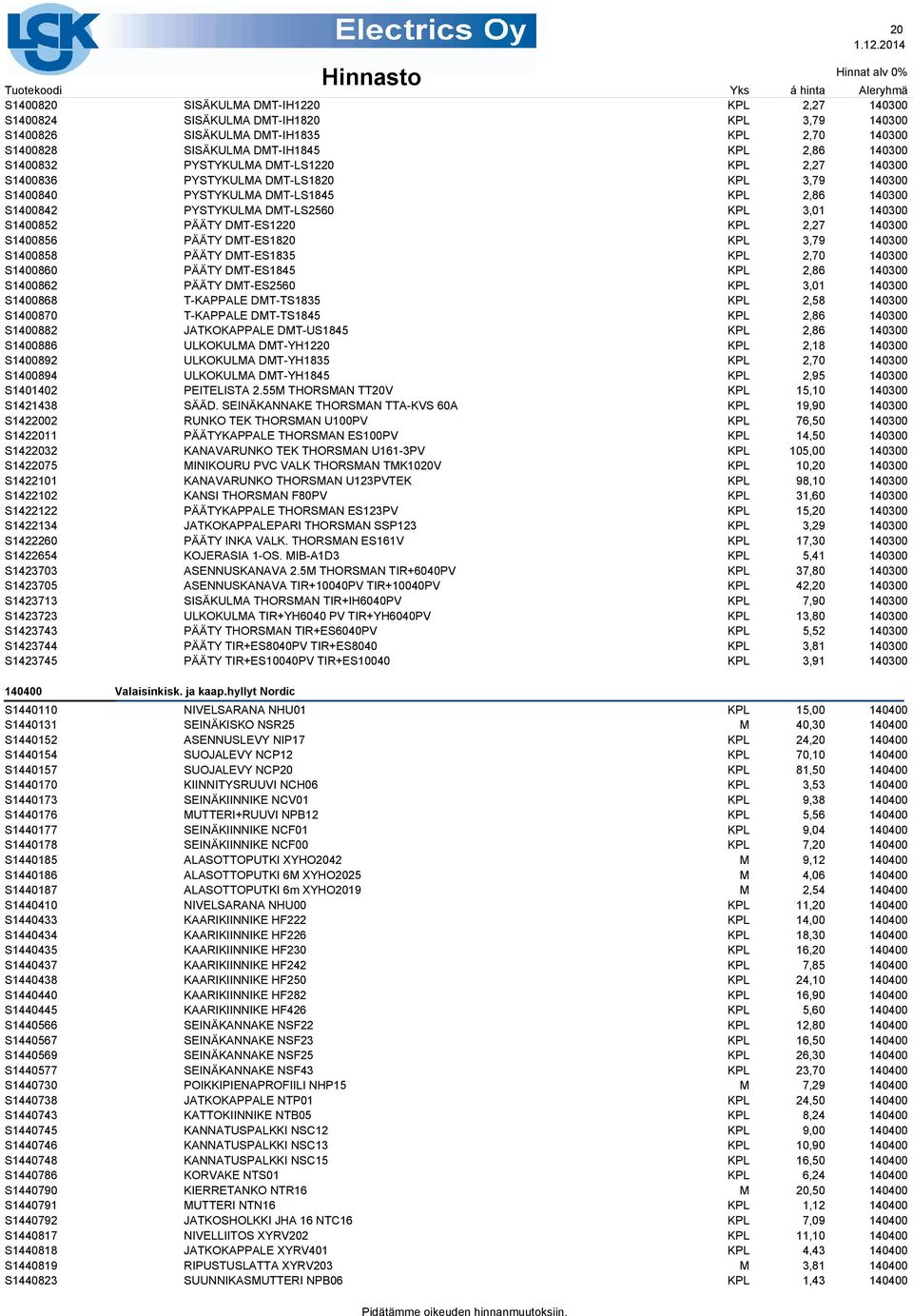 140300 S1400858 PÄÄTY DT-ES1835 2,70 140300 S1400860 PÄÄTY DT-ES1845 2,86 140300 S1400862 PÄÄTY DT-ES2560 3,01 140300 S1400868 T-KAPPALE DT-TS1835 2,58 140300 S1400870 T-KAPPALE DT-TS1845 2,86 140300