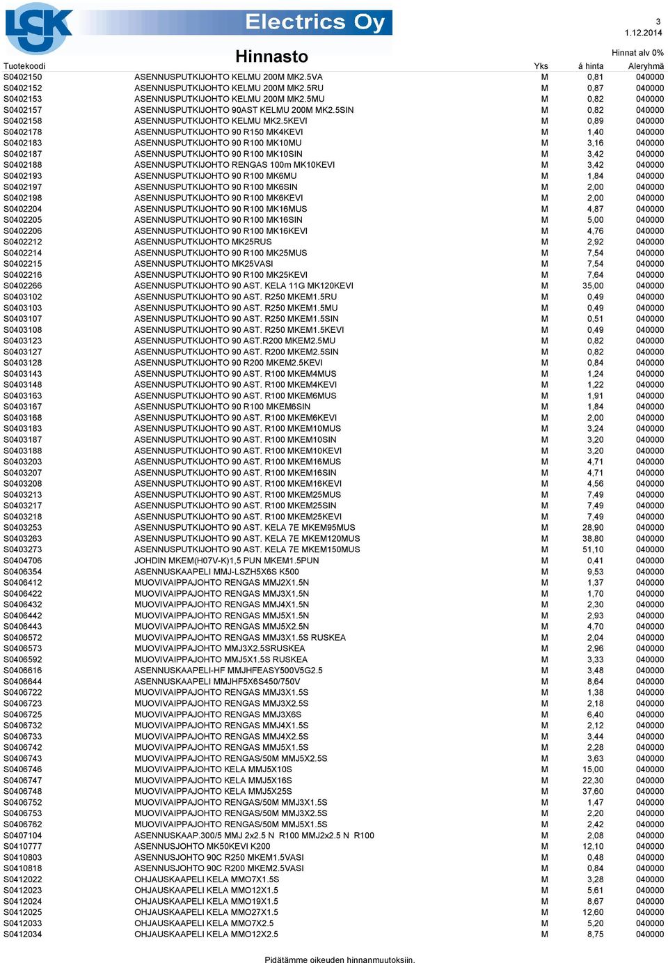 5KEVI 0,89 040000 S0402178 ASENNUSPUTKIJOHTO 90 R150 K4KEVI 1,40 040000 S0402183 ASENNUSPUTKIJOHTO 90 R100 K10U 3,16 040000 S0402187 ASENNUSPUTKIJOHTO 90 R100 K10SIN 3,42 040000 S0402188