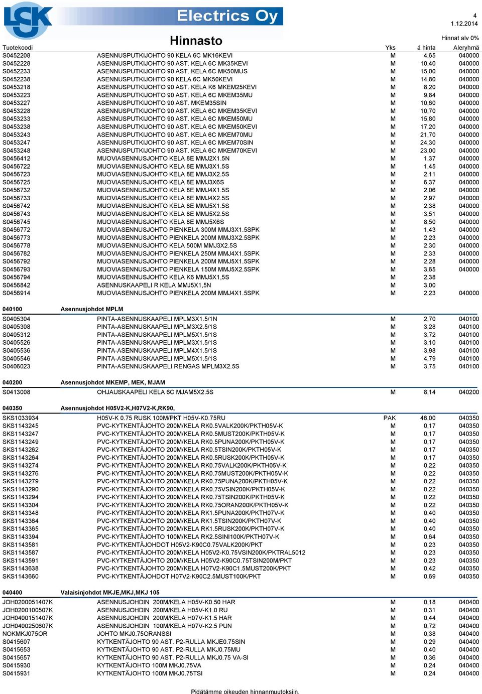 KELA 6C KE35U 9,84 040000 S0453227 ASENNUSPUTKIJOHTO 90 AST. KE35SIN 10,60 040000 S0453228 ASENNUSPUTKIJOHTO 90 AST. KELA 6C KE35KEVI 10,70 040000 S0453233 ASENNUSPUTKIJOHTO 90 AST.