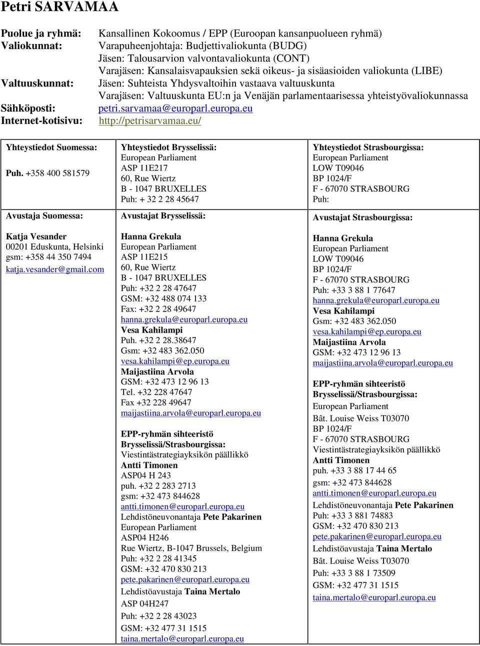 sarvamaa@europarl.europa.eu http://petrisarvamaa.eu/ Puh. +358 400 581579 Katja Vesander 00201 Eduskunta, Helsinki gsm: +358 44 350 7494 katja.vesander@gmail.