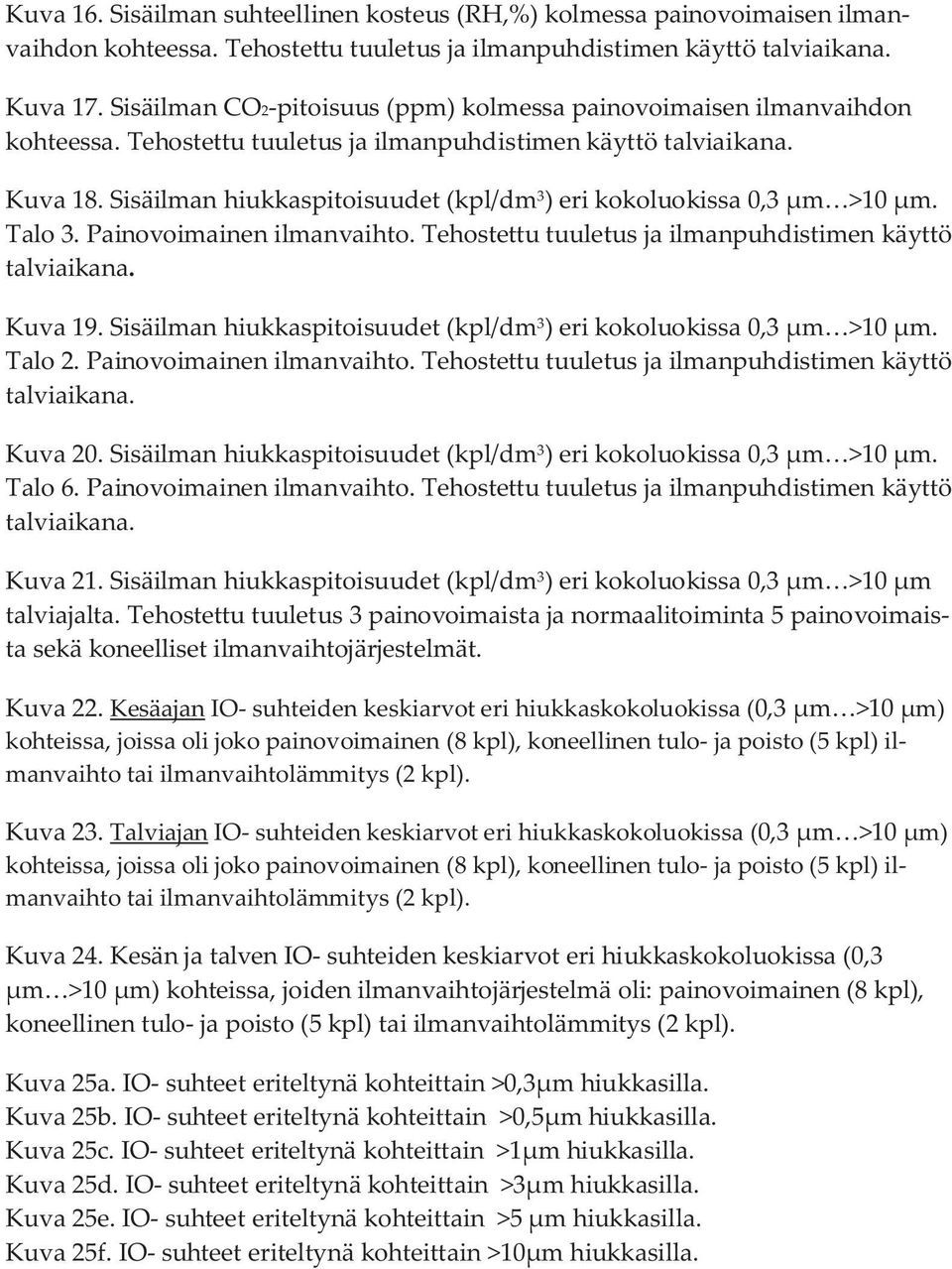 Sisäilman hiukkaspitoisuudet (kpl/dm 3 ) eri kokoluokissa 0,3 μm >10 μm. Talo 3. Painovoimainen ilmanvaihto. Tehostettu tuuletus ja ilmanpuhdistimen käyttö talviaikana. Kuva 19.